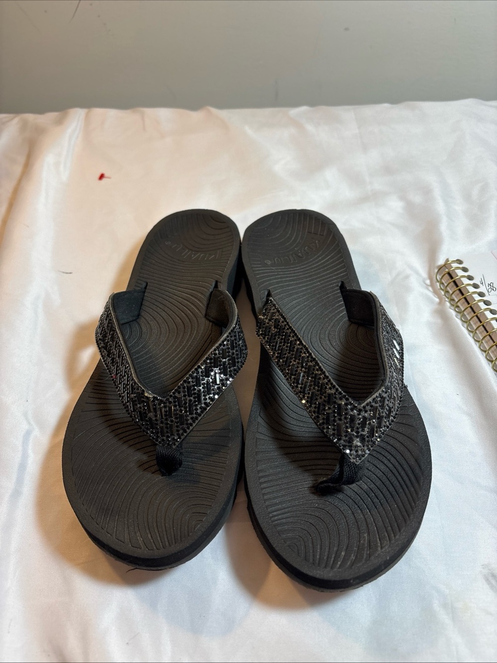 Women's Black Wedge Flip Flop Sandals with Sparkle Straps